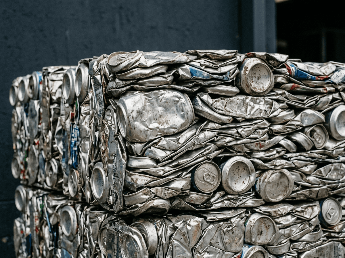 A compacted bale of used aluminium beverage cans